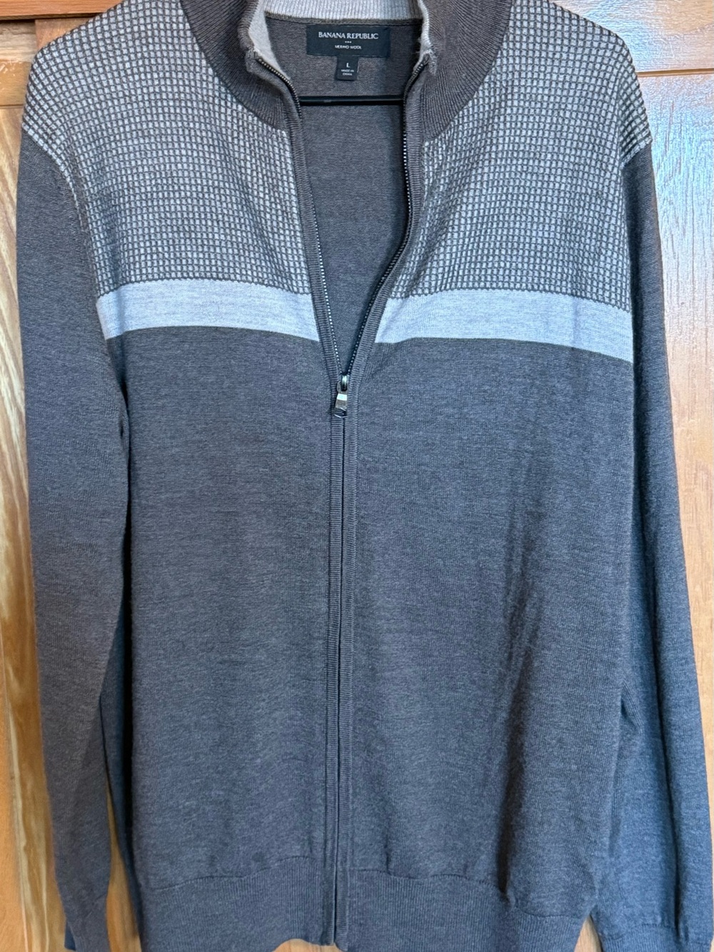 Banana Republic Men's Dark Brown Zip-Front Sweater with Light Tan Accent